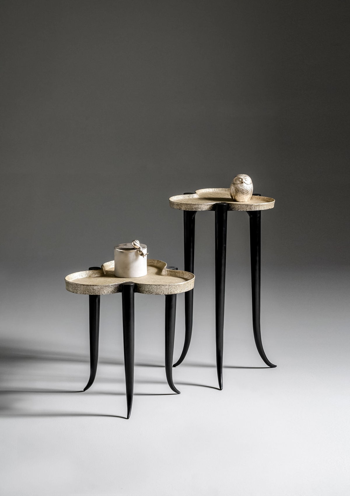 Chime Side Table by Noto Atelier, dark bronze lacquered linen in grey/gold