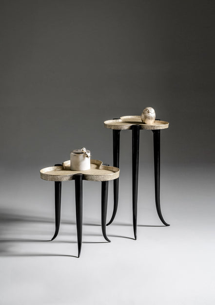 Chime Side Table by Noto Atelier, dark bronze lacquered linen in grey/gold