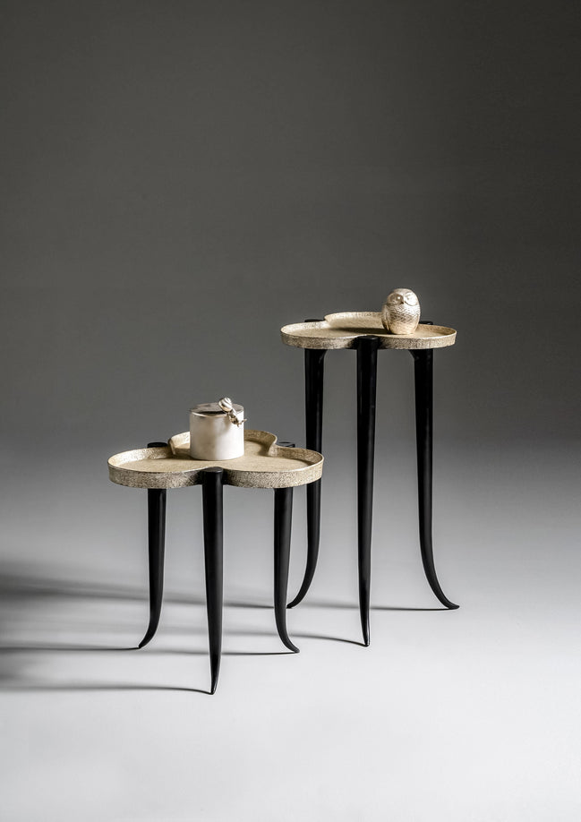 Chime Side Table by Noto Atelier, dark bronze lacquered linen in grey/gold