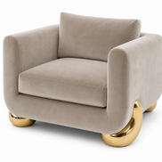 Caillou Armchair in taupe velvet with polished gold bronze feet, front view