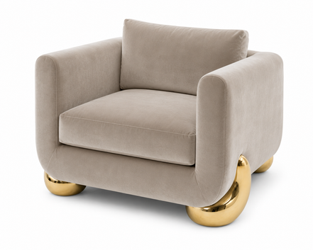 Caillou Armchair in taupe velvet with polished gold bronze feet, front view