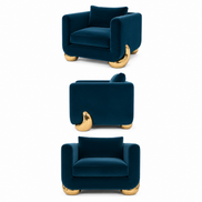 Caillou Armchair in navy velvet, three views