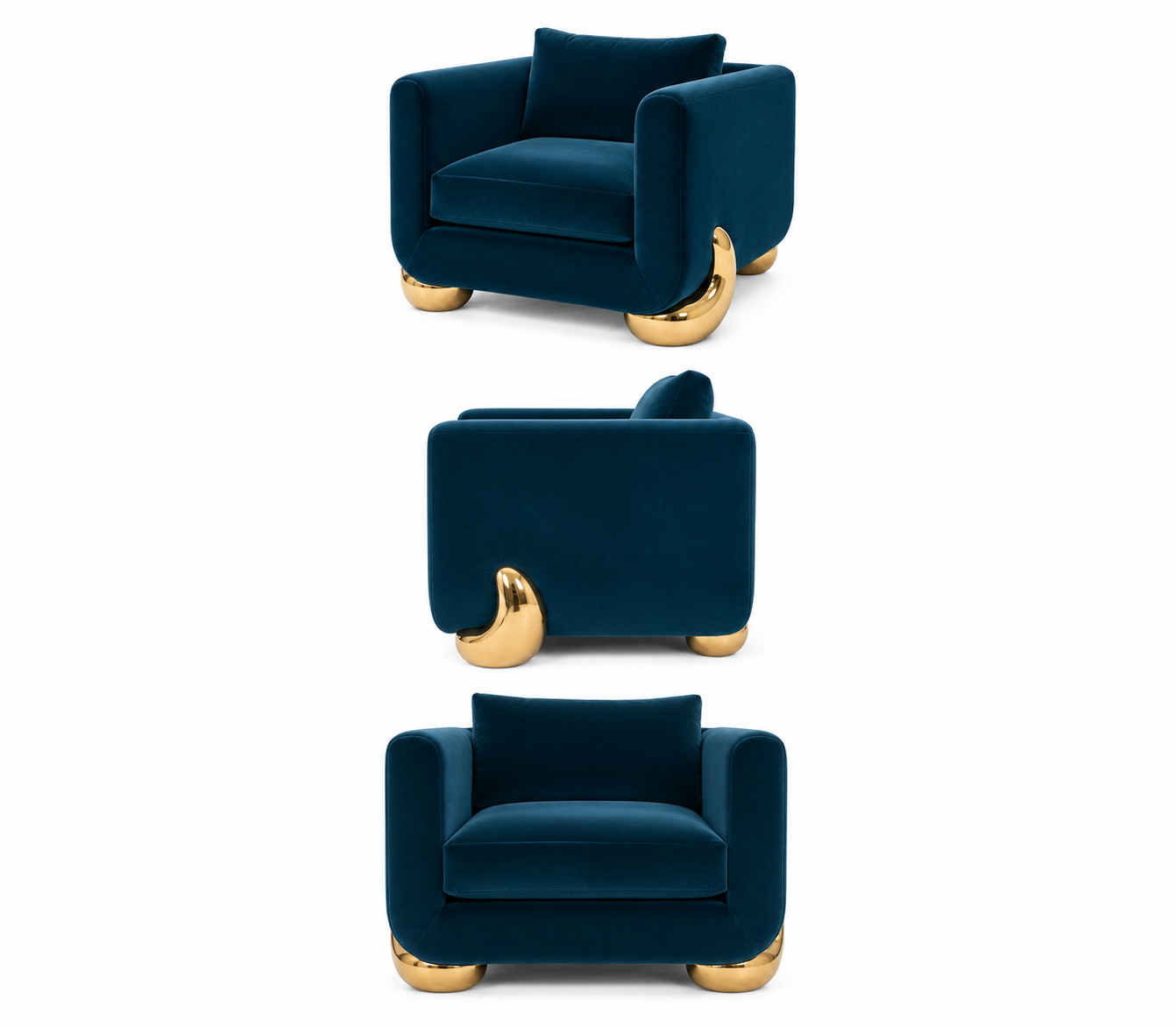 Caillou Armchair in navy velvet, three views