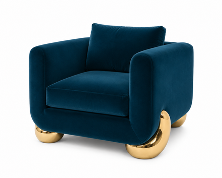 Caillou Armchair in navy velvet with polished gold bronze feet, front view