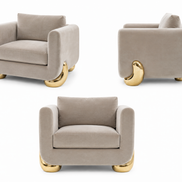 Caillou Armchair in taupe velvet, three views