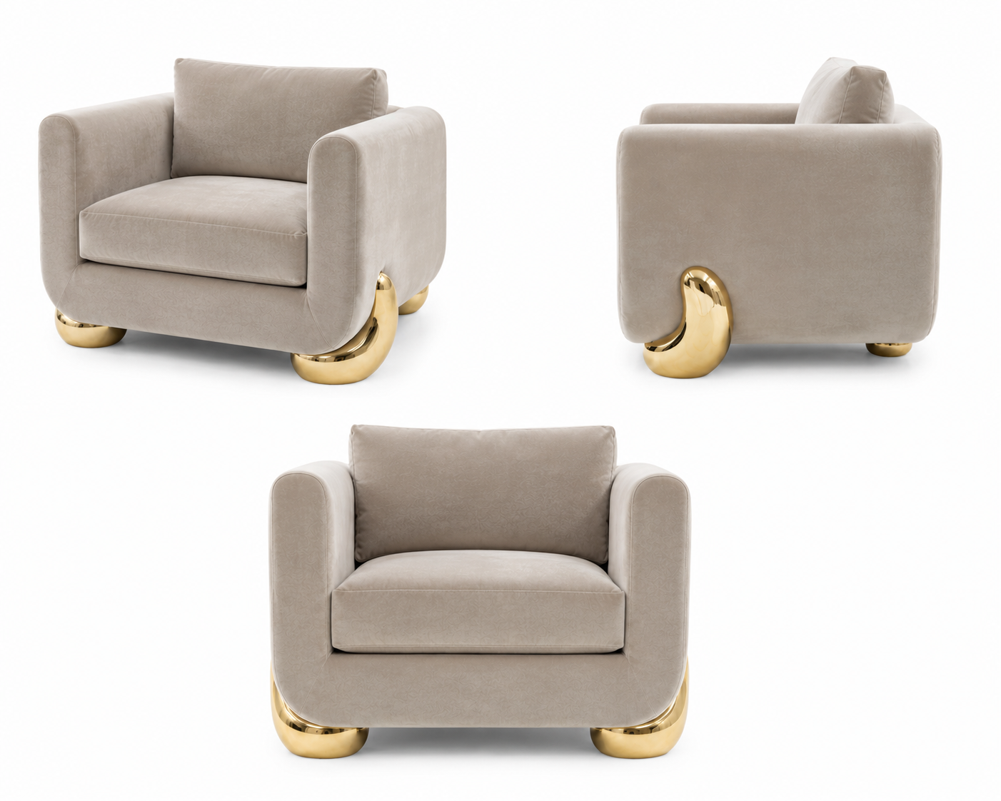 Caillou Armchair in taupe velvet, three views